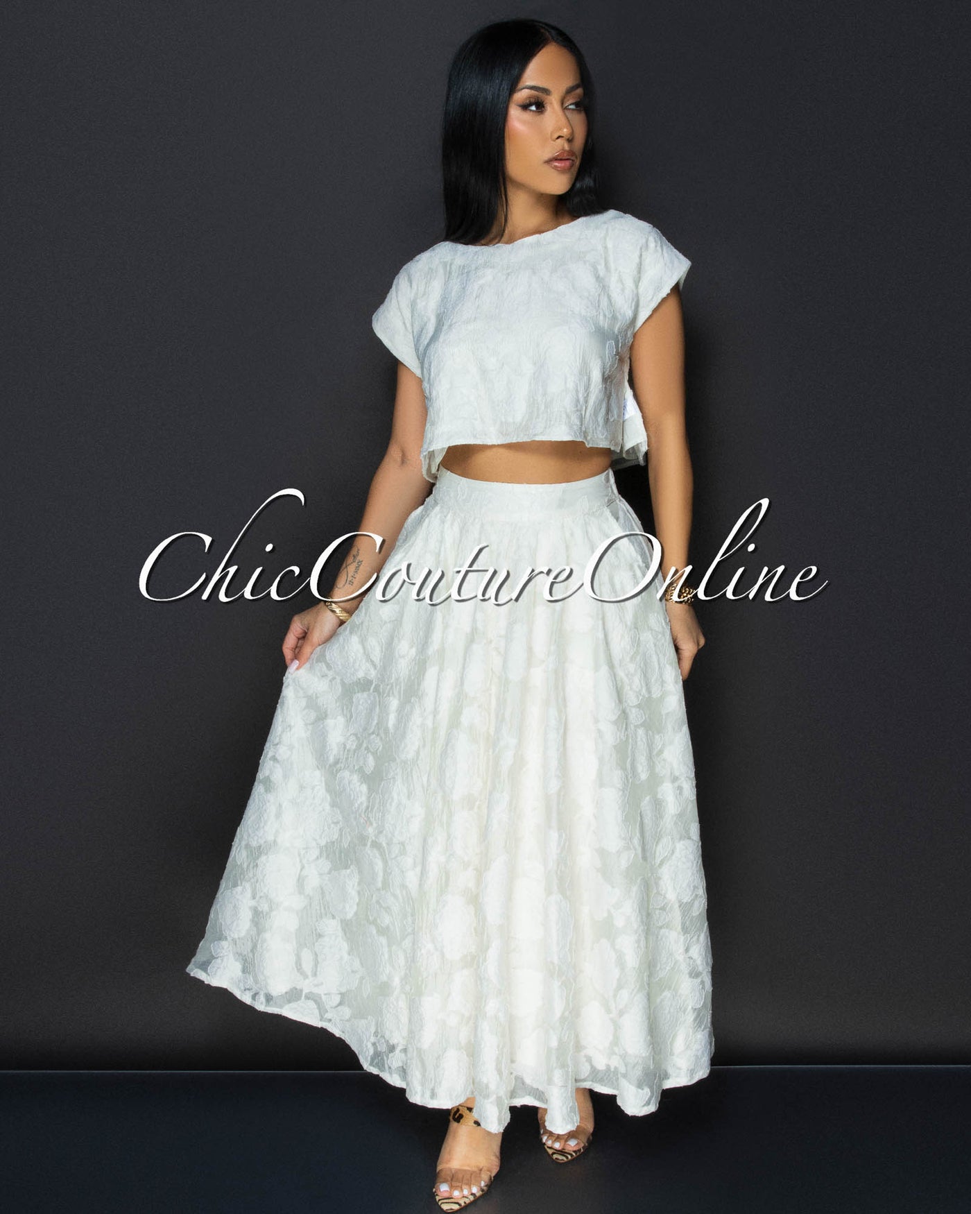 Desideria Cream Textured Crop Top & Maxi Skirt Set