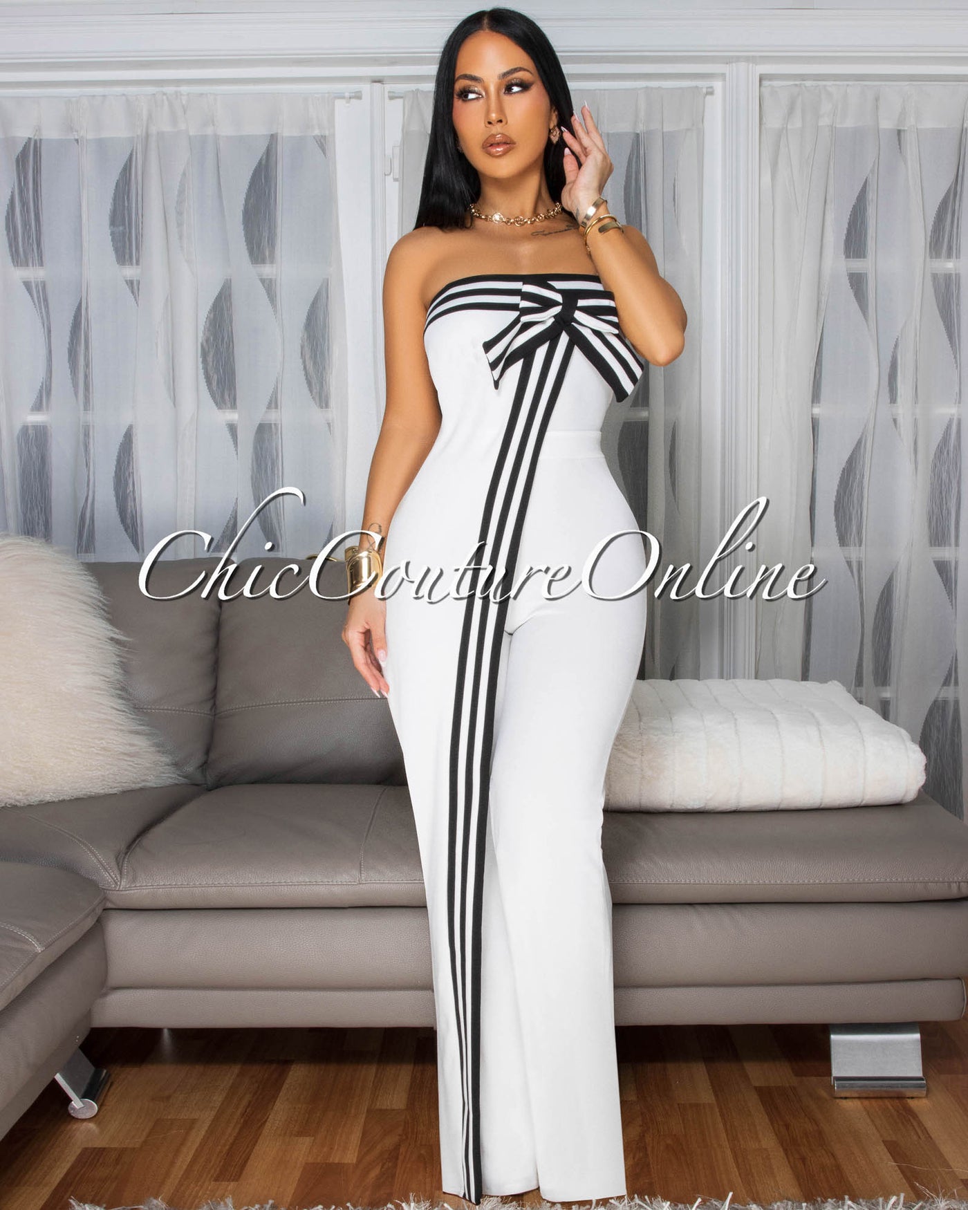 Bendie Off-White Bow Accent Strapless Jumpsuit