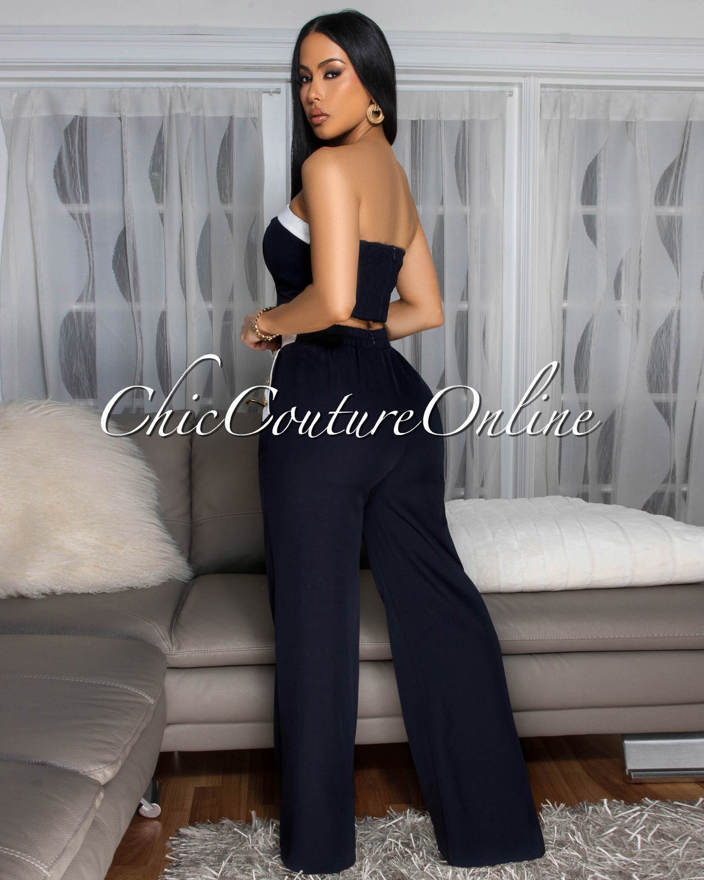 Marcella Navy-Blue White Trim Crop Top Pants Set