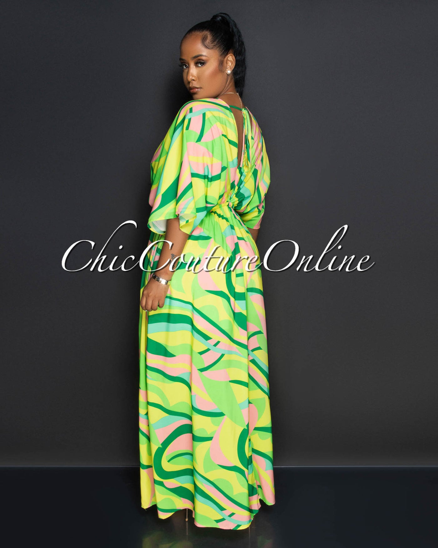 Coira Green Multi-Color Retro Print Double Slit Maxi Dress