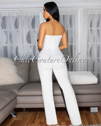 Bendie Off-White Bow Accent Strapless Jumpsuit