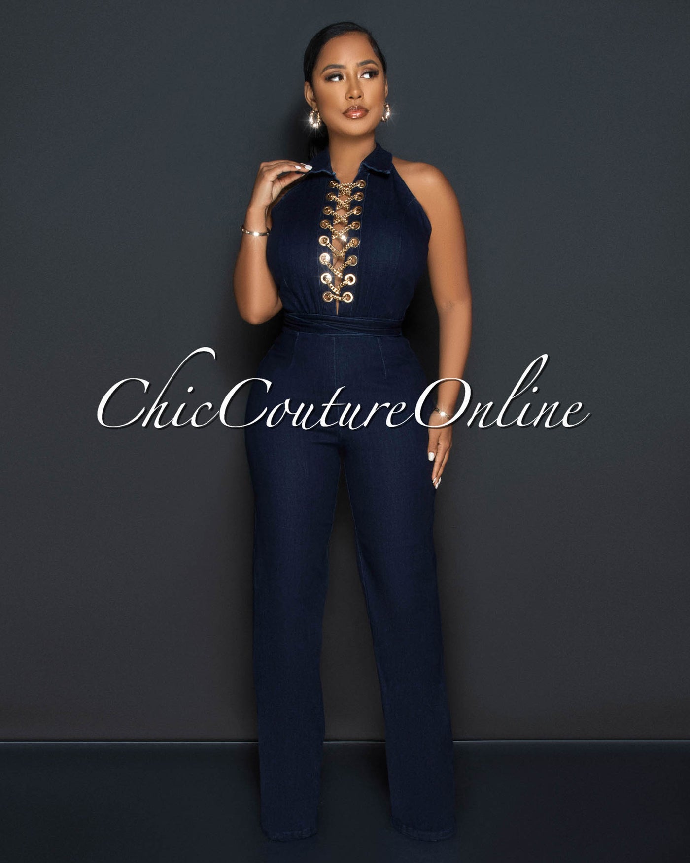 Blair Dark Denim Gold Link Lace-Up Bust Halter Jumpsuit