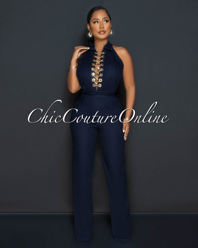 *Blair Dark Denim Gold Link Lace-Up Bust Halter Jumpsuit