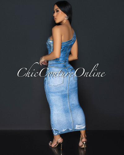 Jinelle Blue Denim Print Single Shoulder Midi Dress