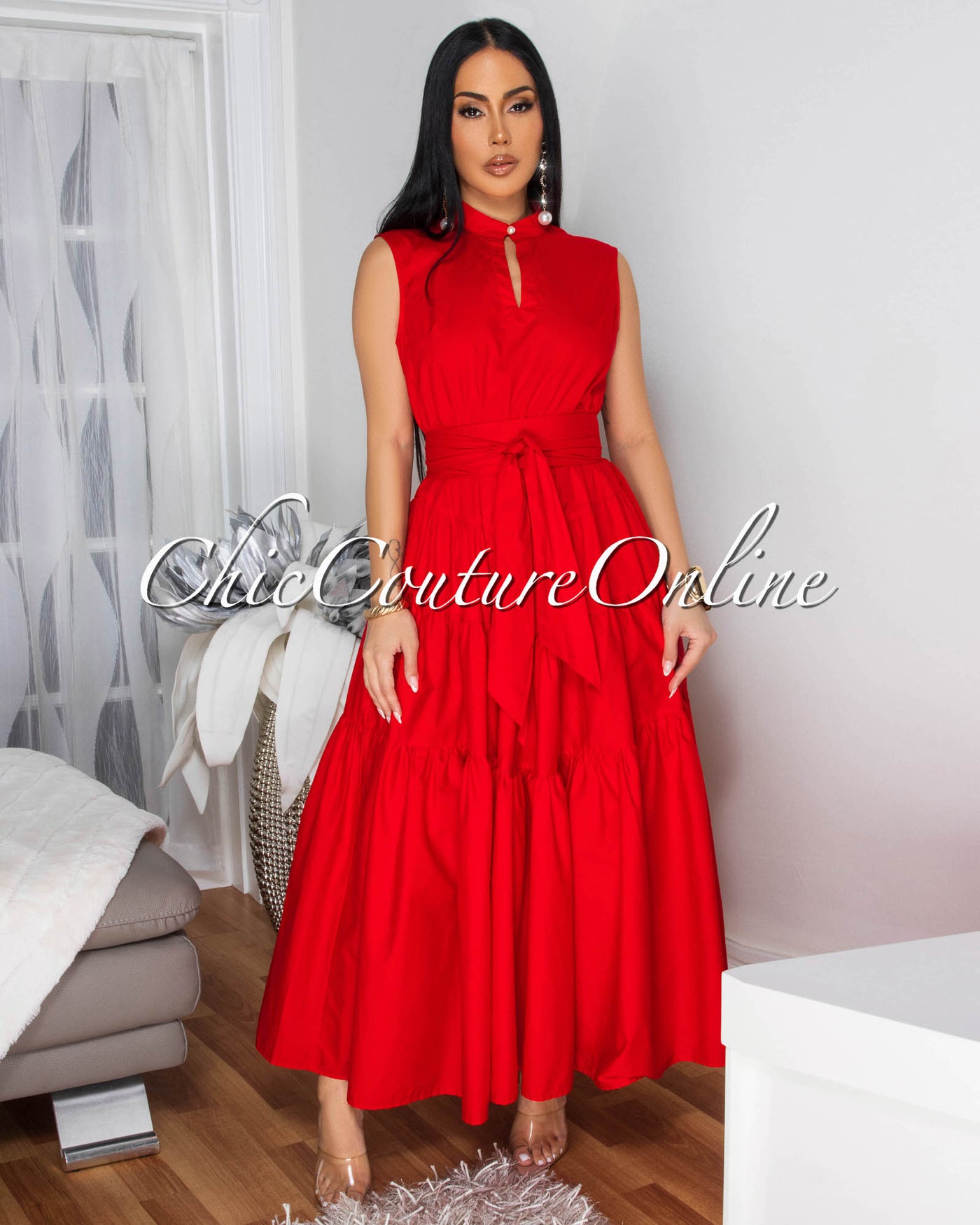 Rosanny Red Sleeveless Midi Dress