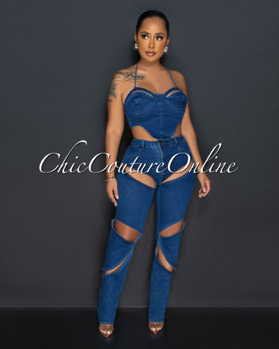 Dixon Dark Denim Crop Top & Cut-Out Jeans Set