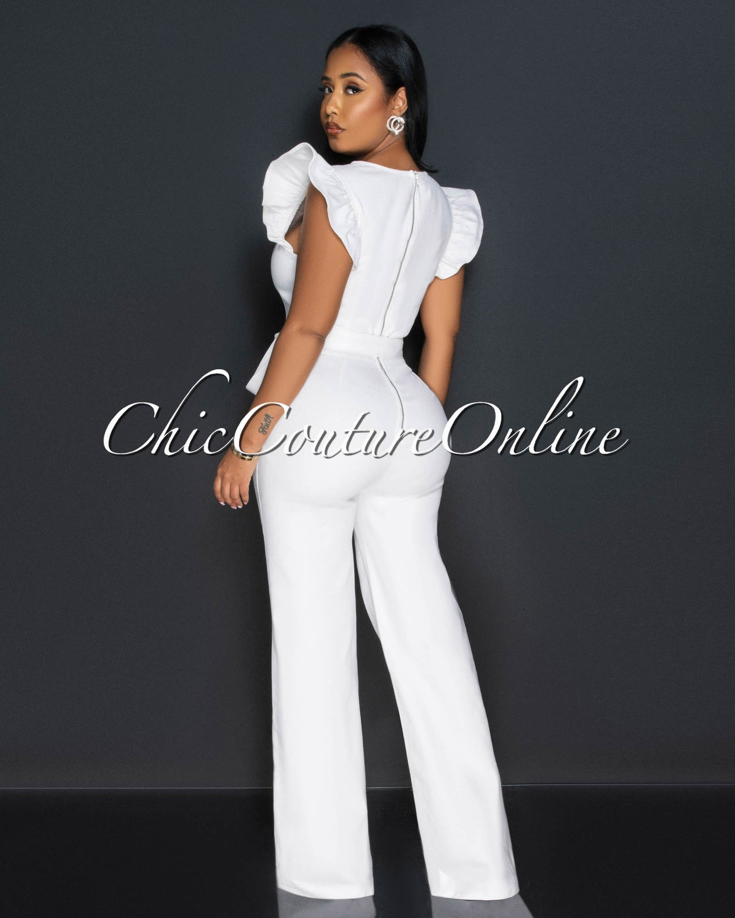 *Ritza Off-White Ruffle Sleeves Denim Jumpsuit