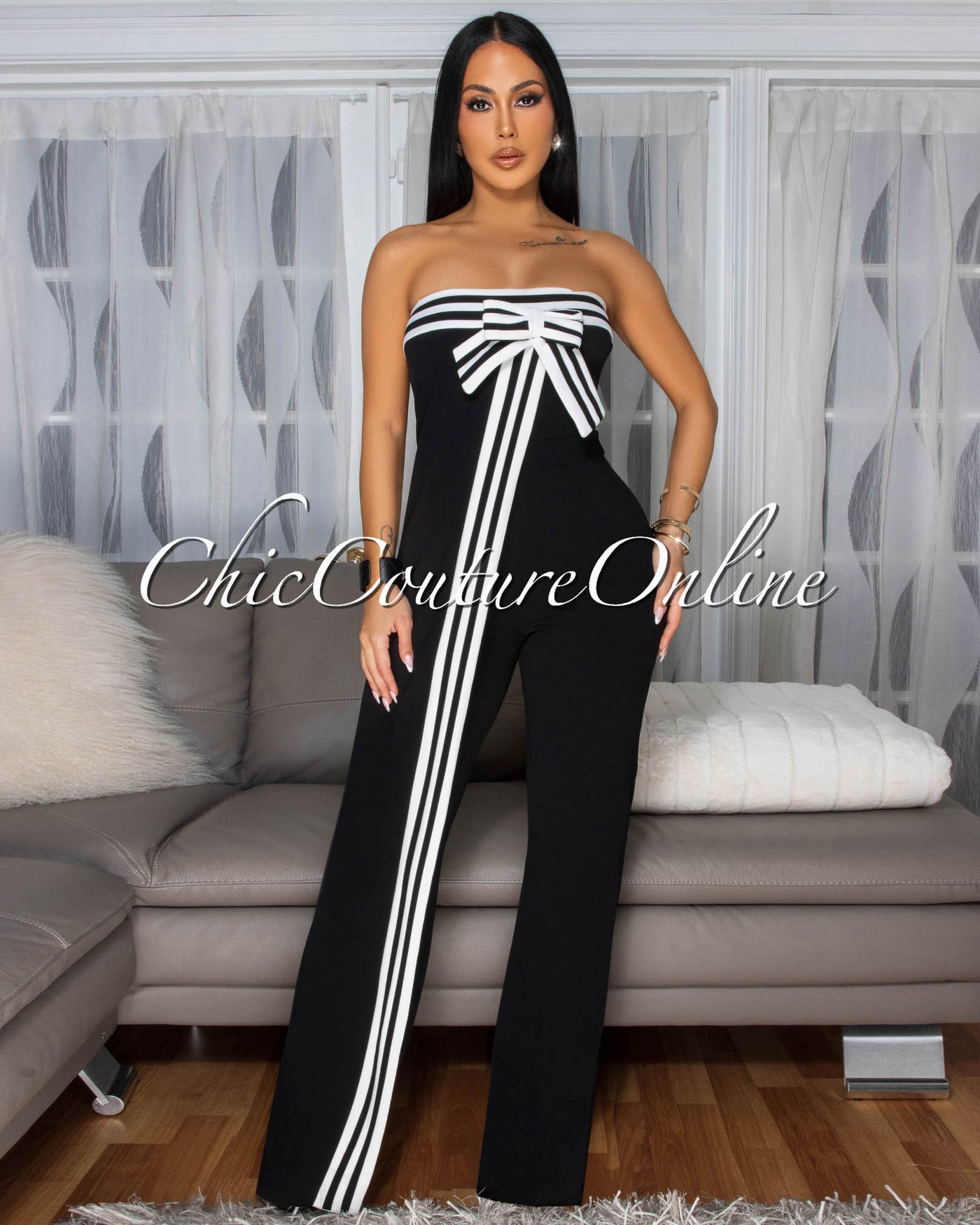 Bendie Black Bow Accent Strapless Jumpsuit