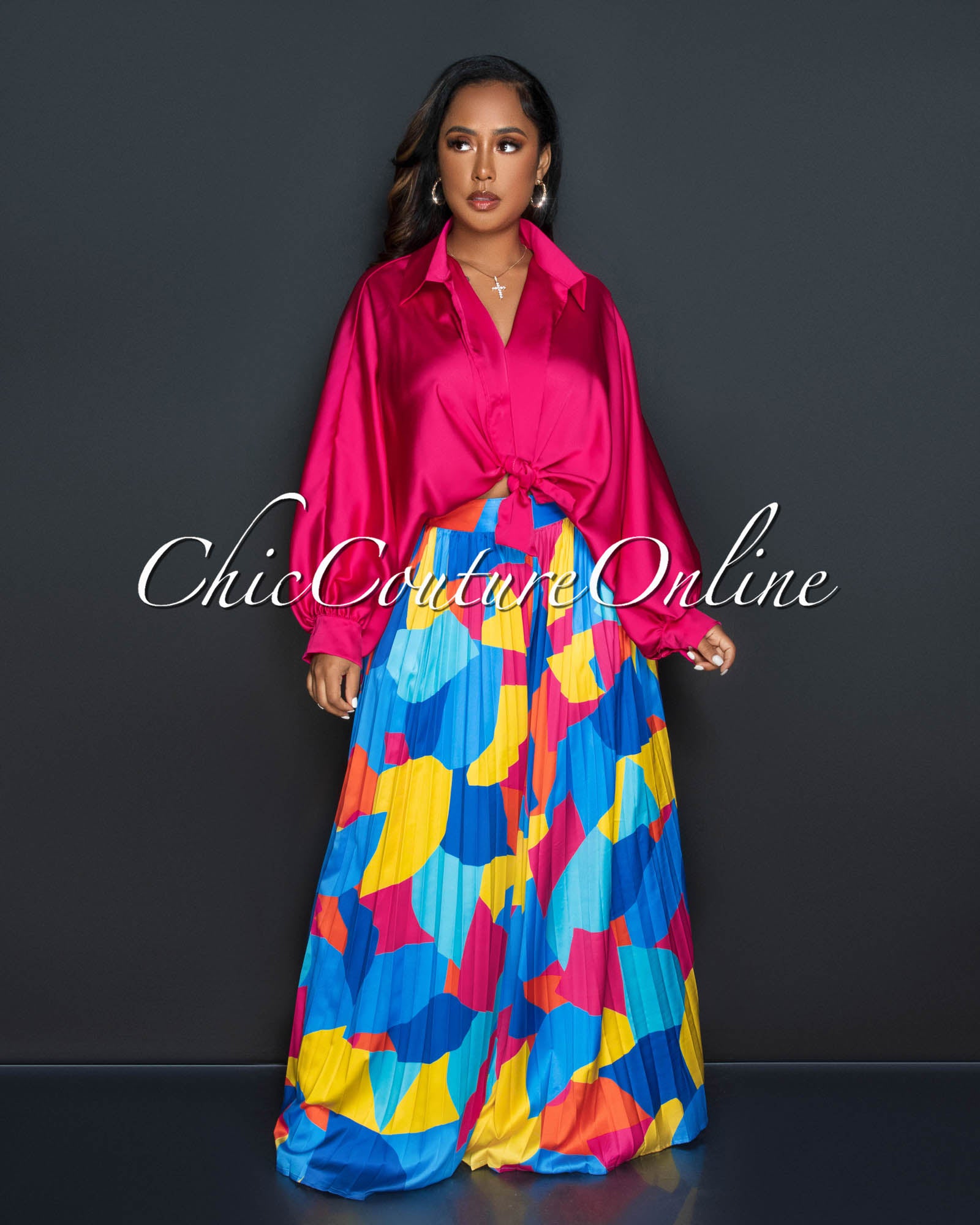 *Lionza Multi-Color Print Pleated Wide Silky Pants