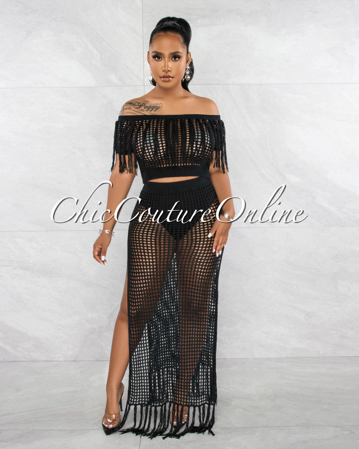 *Jocelin Black Crop Top & Crochet Cover-Up Maxi Skirt Set