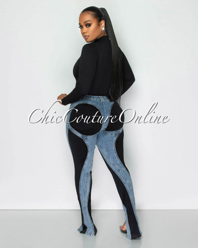Kany Washed Denim Black Accent High Waist Jeans
