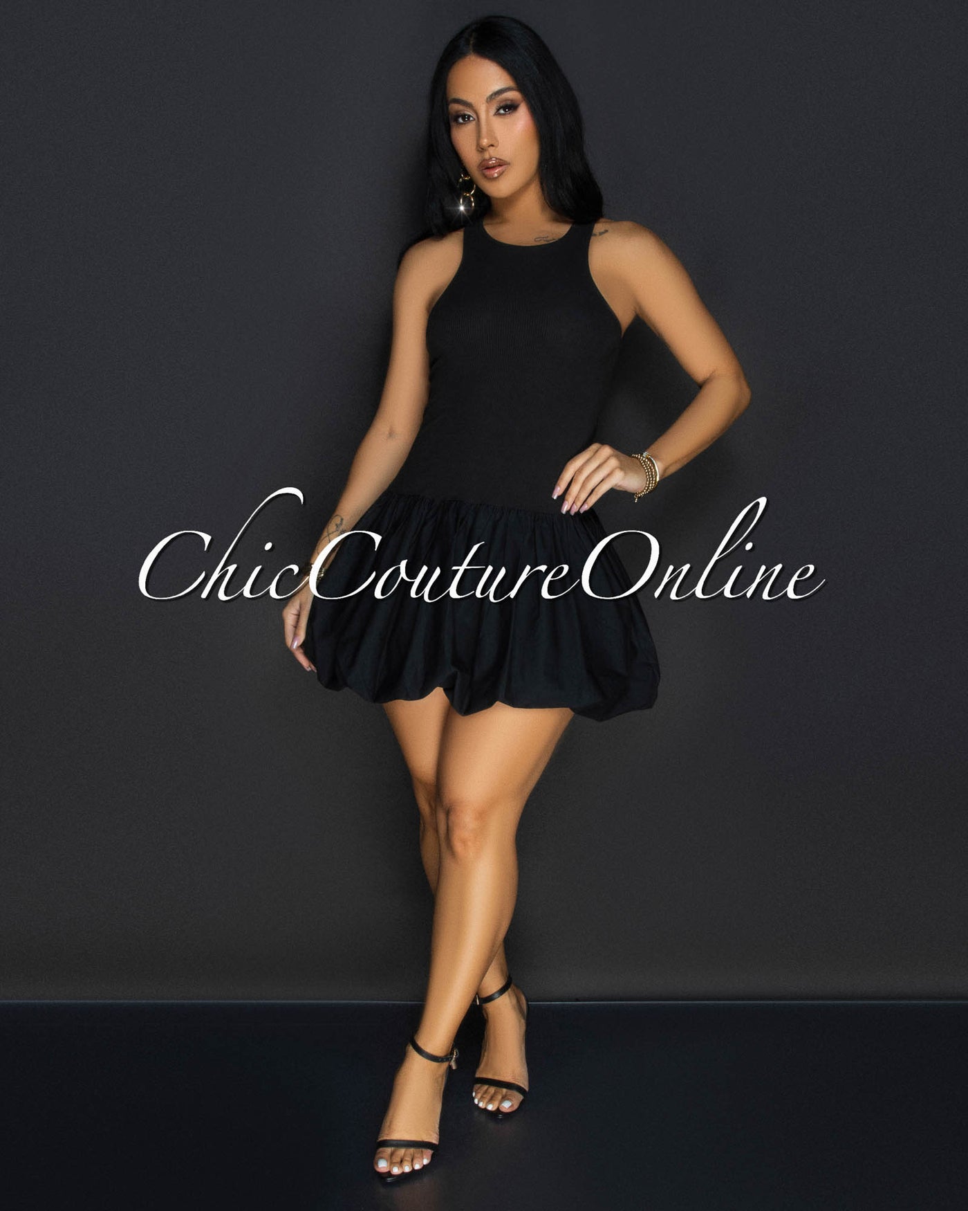 Donya Black Ribbed Bubble Mini Dress