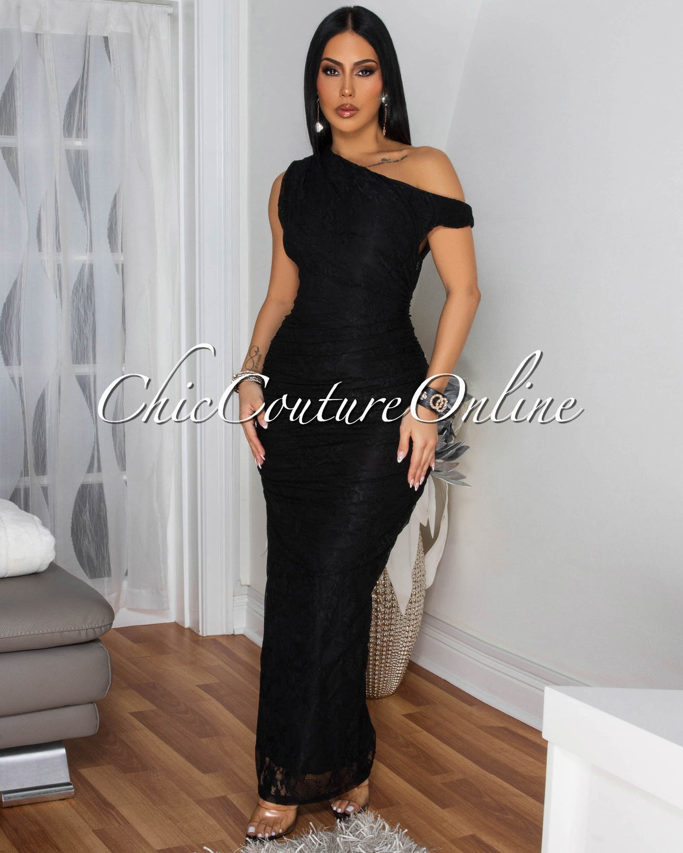 Blaire Black Lace Off-The-Shoulder Maxi Dress