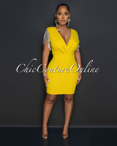Joniece Mustard Fringe Sleeves Décor Open Back Dress