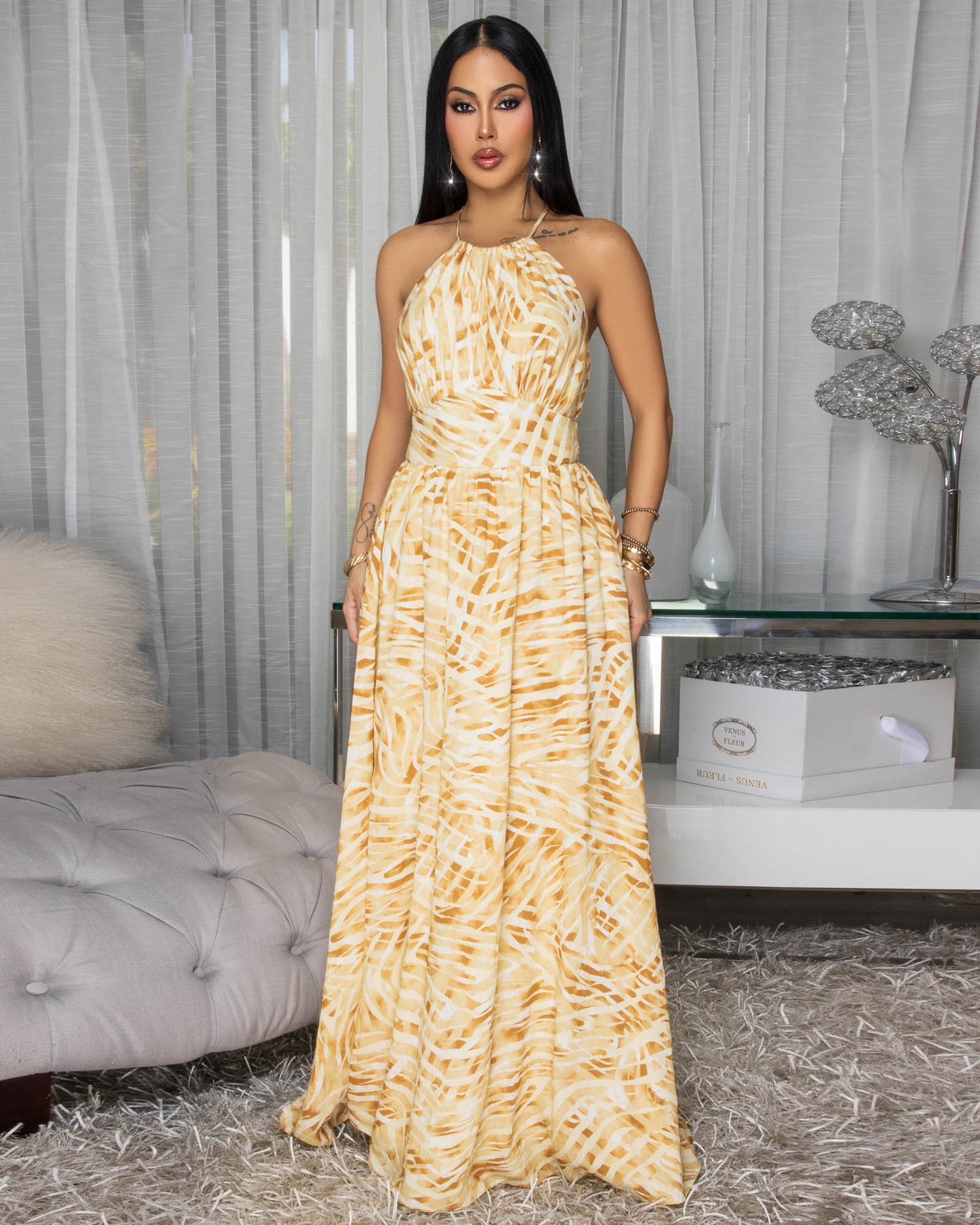 Nina Yellow Gold Ombre Halter Maxi Dress
