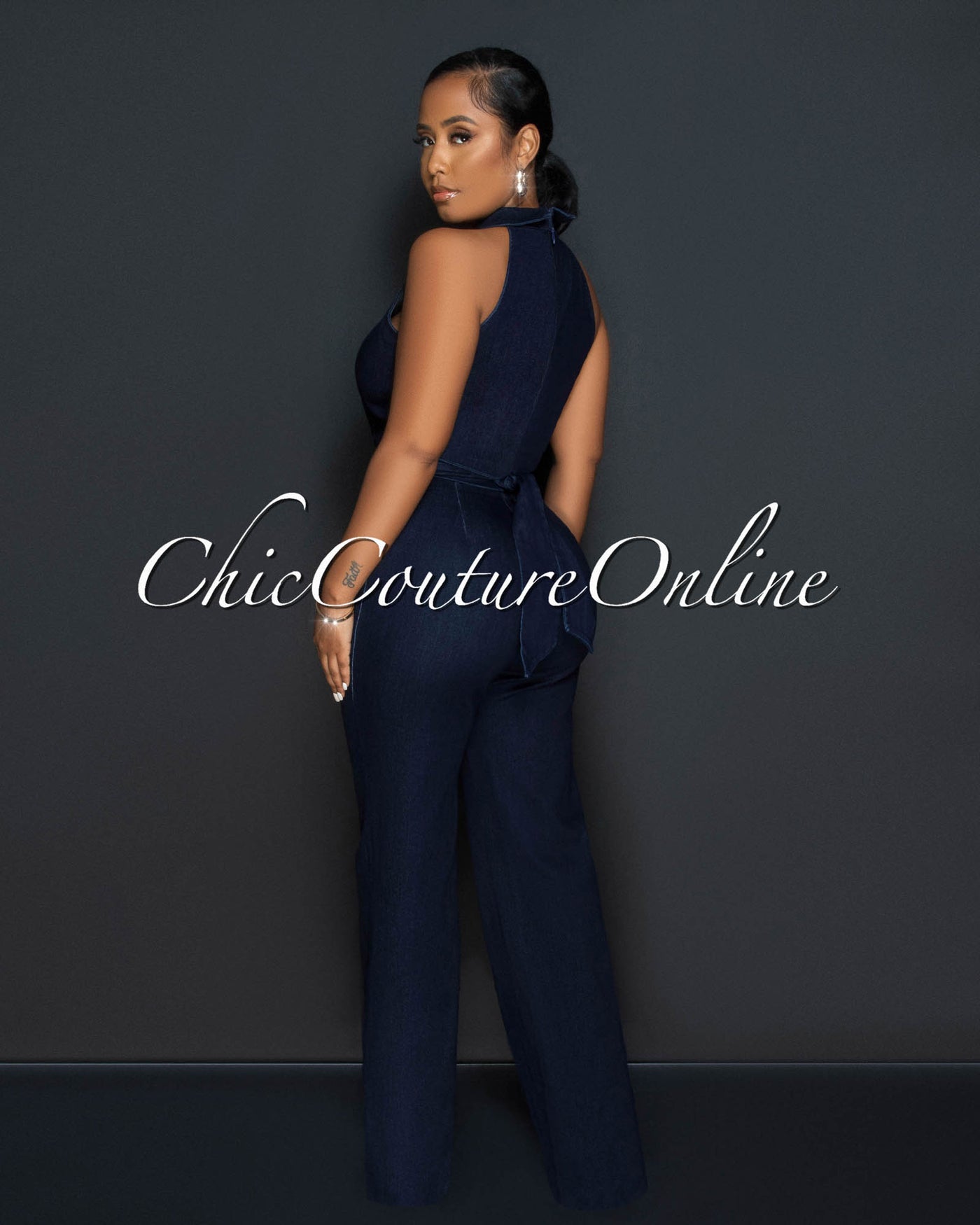 *Blair Dark Denim Gold Link Lace-Up Bust Halter Jumpsuit