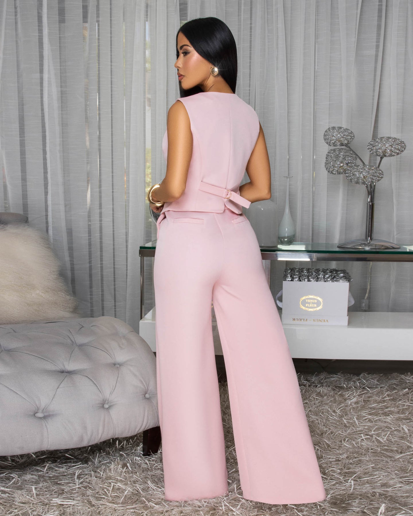 Jayleh Light Pink Gold Buttons Vest & Pants Set