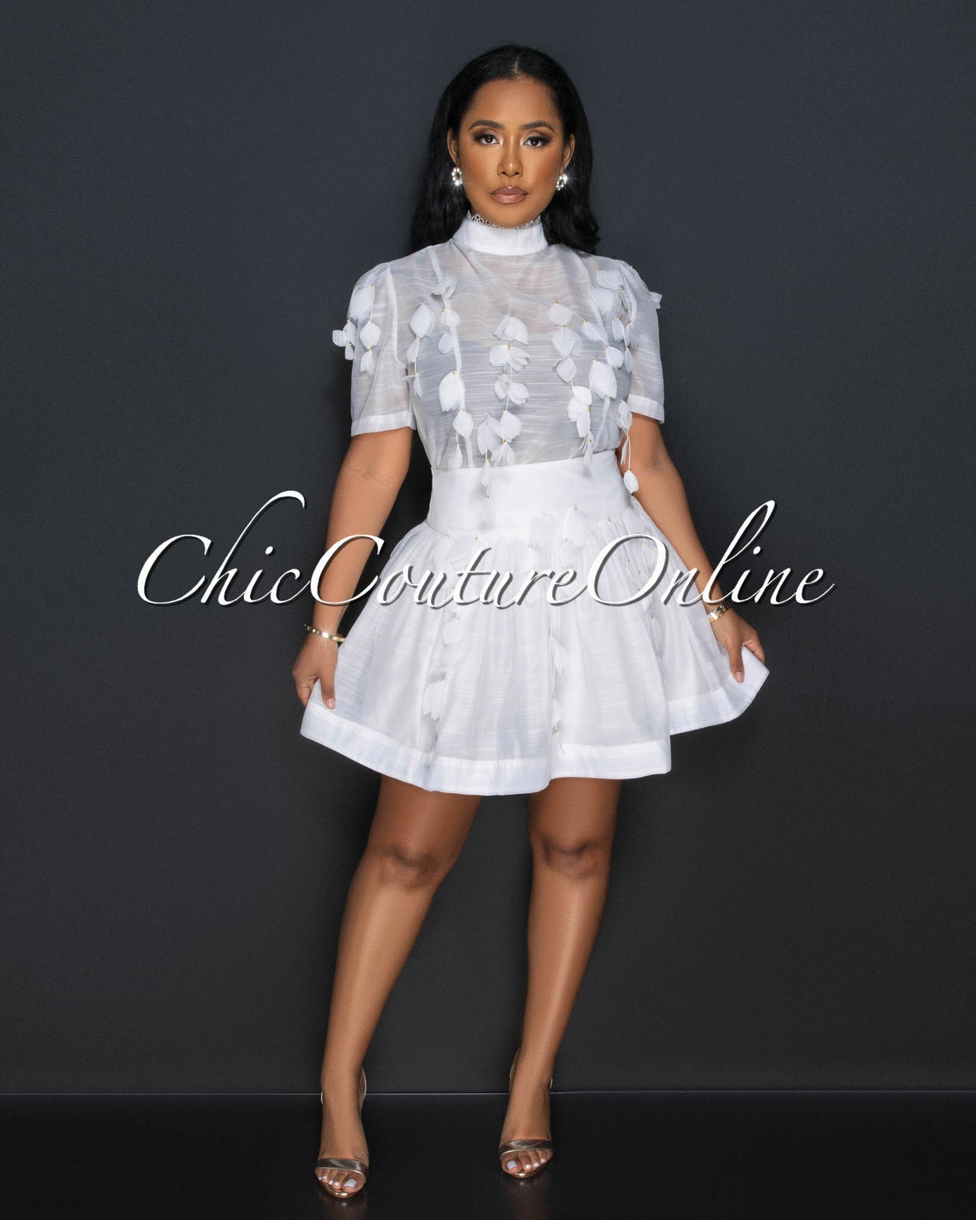 Fasta White Gold Accent Shirt & Flutter Skirt Set