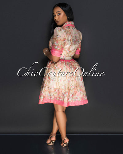 Lolina Coral Nude Floral Print Belted Dress