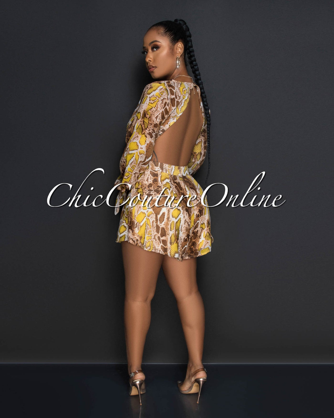 *Rachel Nude Brown Yellow Snake Open Back Print Romper