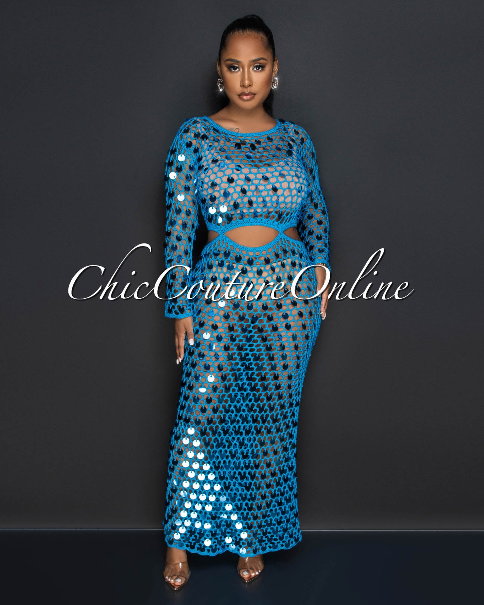 *Candie Turquoise Sequins Crochet Cover-Up Cut-Out Maxi Dress