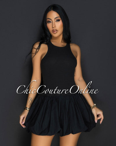 Donya Black Ribbed Bubble Mini Dress