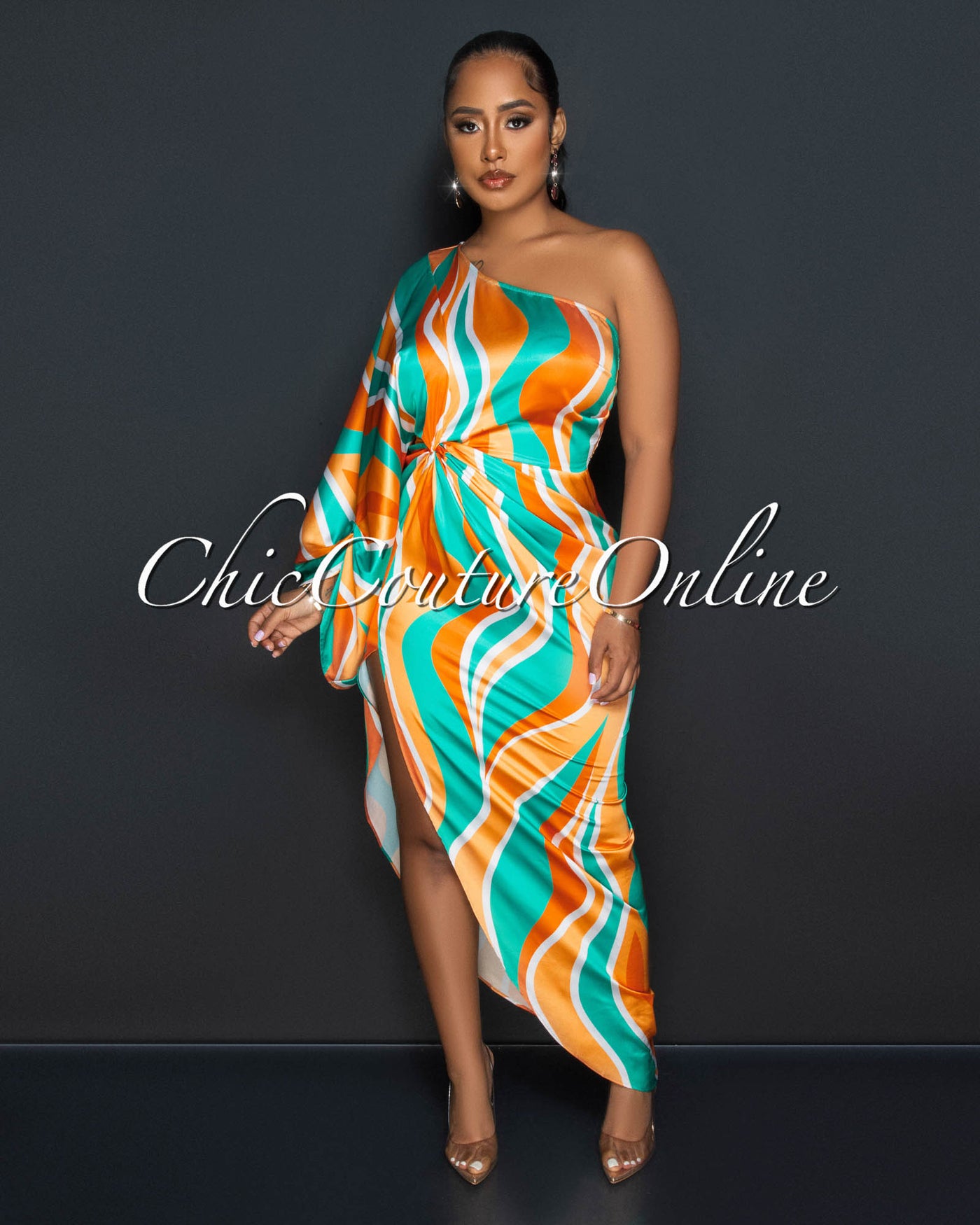 Elida Green Orange Print Single Shoulder Maxi Dress