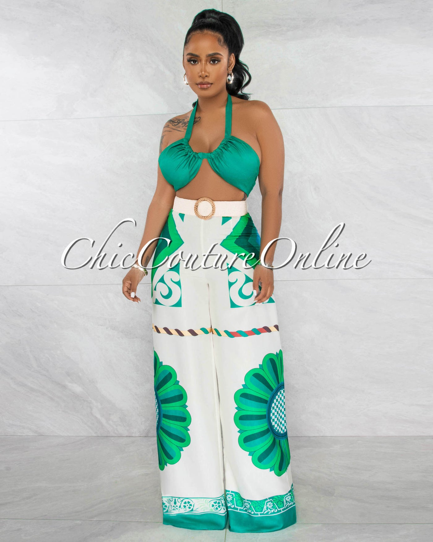 *Vonna Green Crop Top & Boho Buckle Belt Printed Pants Set