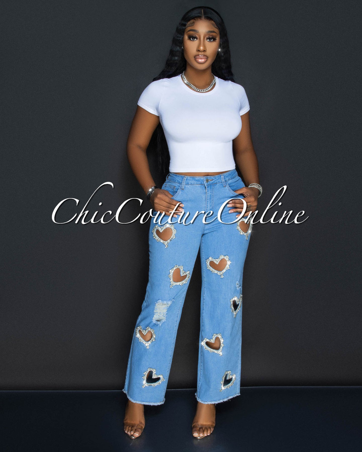 *Orline Light Denim Rhinestones Hearts Jeans