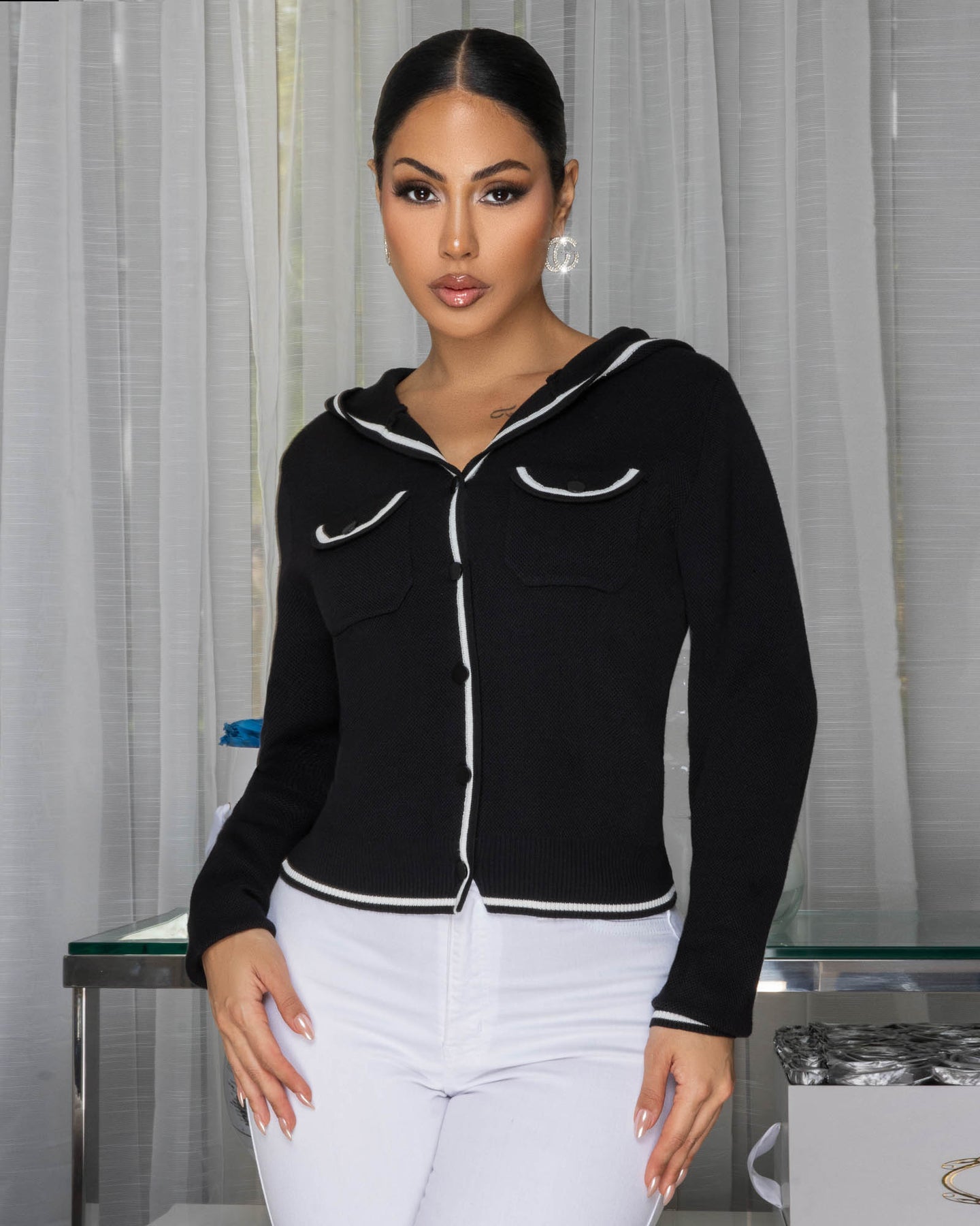 Maristella Black White Trim Hoodie Sweater
