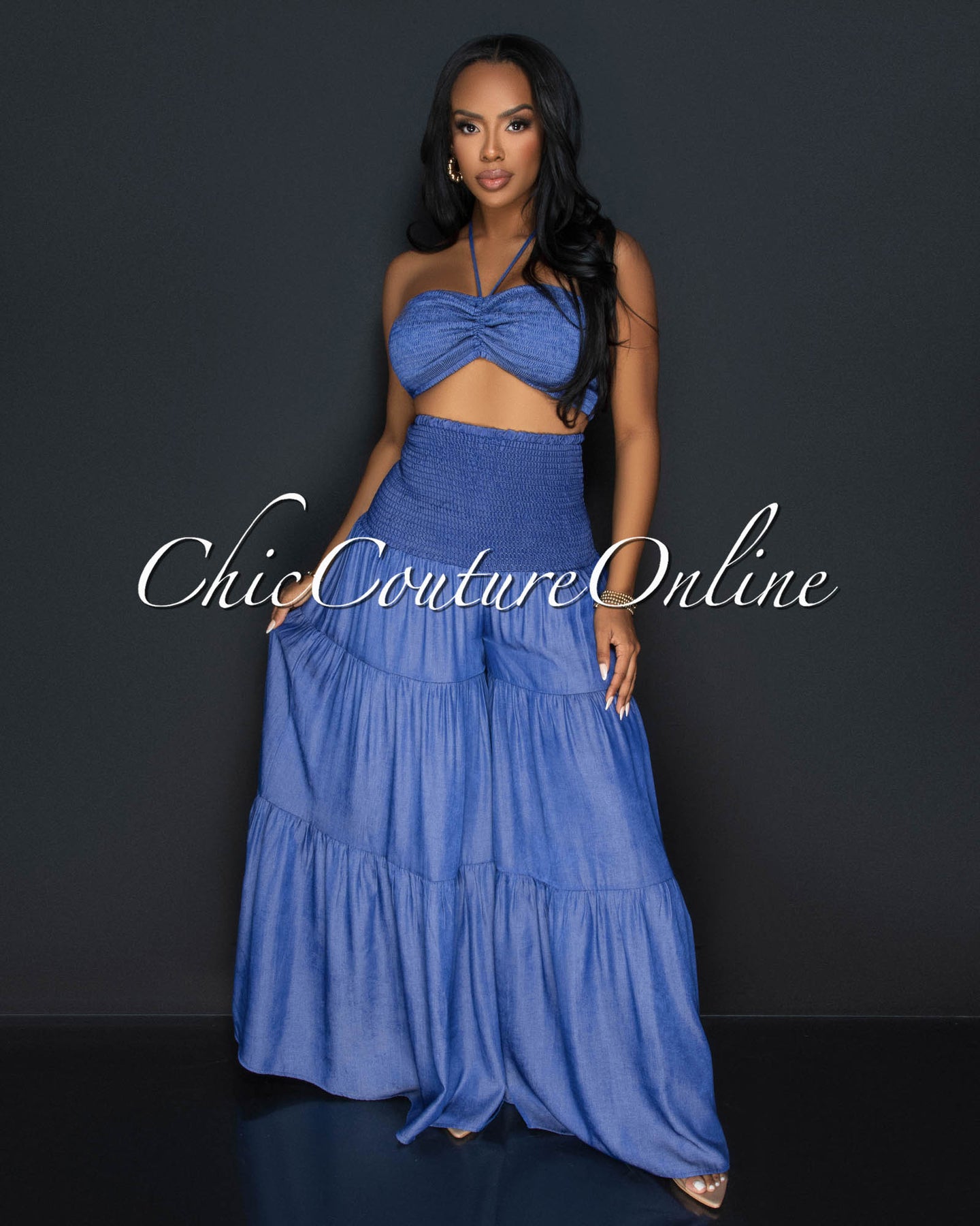 Sita Blue Halter Tube Top & Wide Pants Chambray Set
