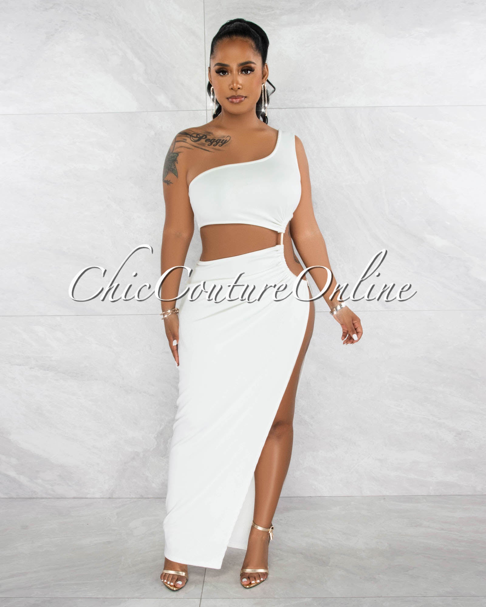 *Greicy Off-White Cut-Out Side Slit Gold Accent Maxi Dress