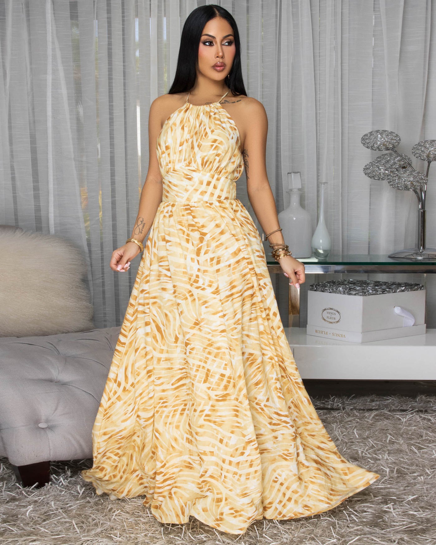 Nina Yellow Gold Ombre Halter Maxi Dress