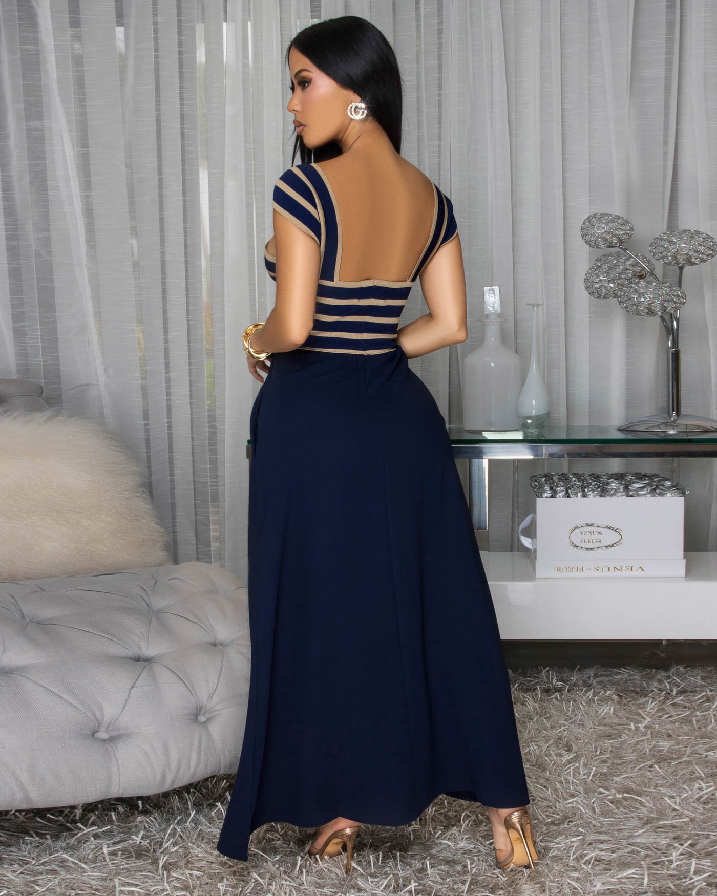 Jesvia Navy-Blue Nude Stripes Color-Block Maxi Dress