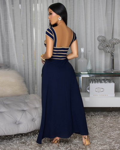 Jesvia Navy-Blue Nude Stripes Color-Block Maxi Dress