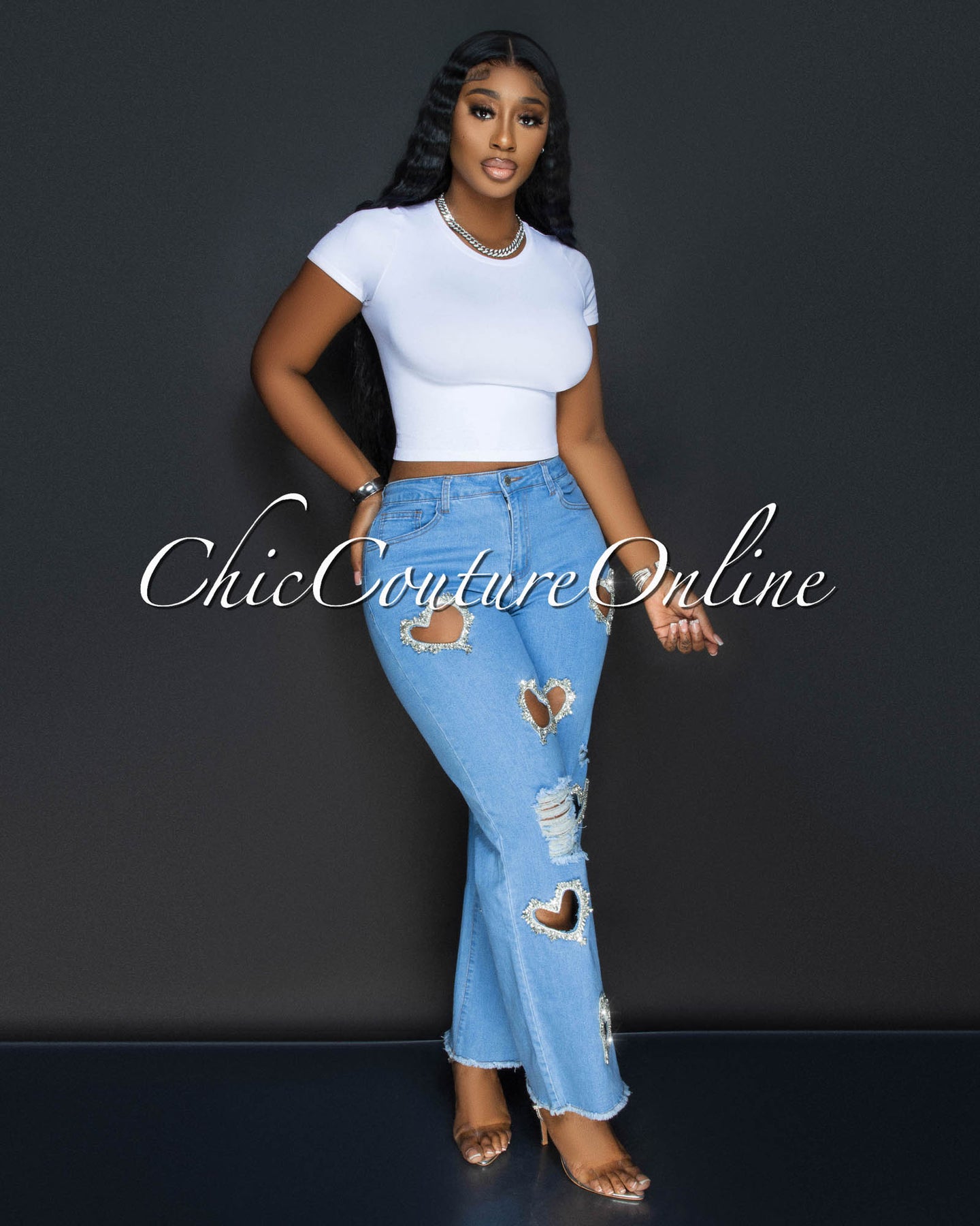*Orline Light Denim Rhinestones Hearts Jeans