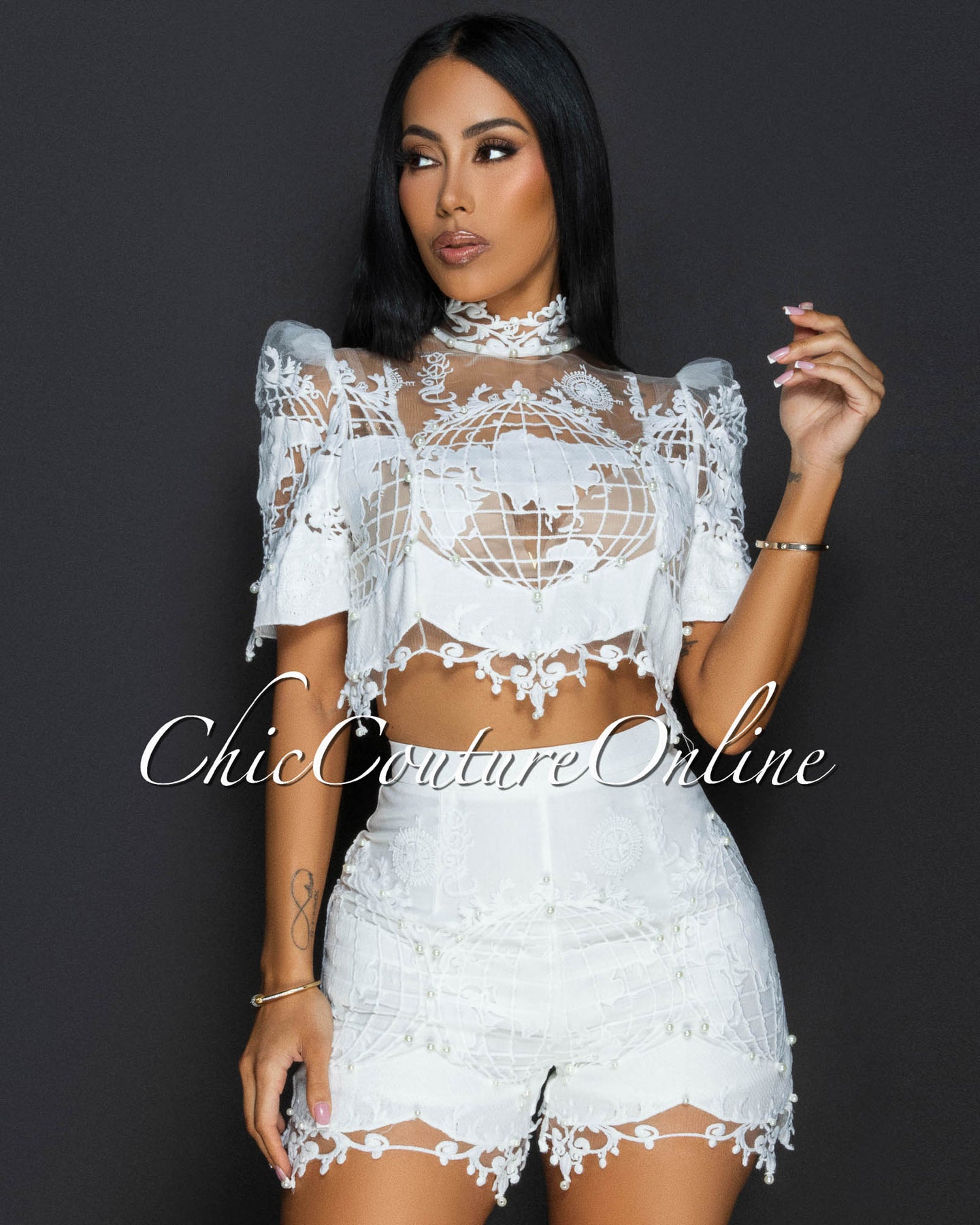 Atlas White Pearl Lace Top & Shorts Set