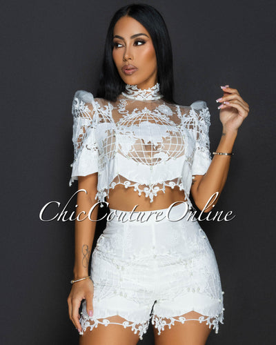 Atlas White Pearl Lace Top & Shorts Set