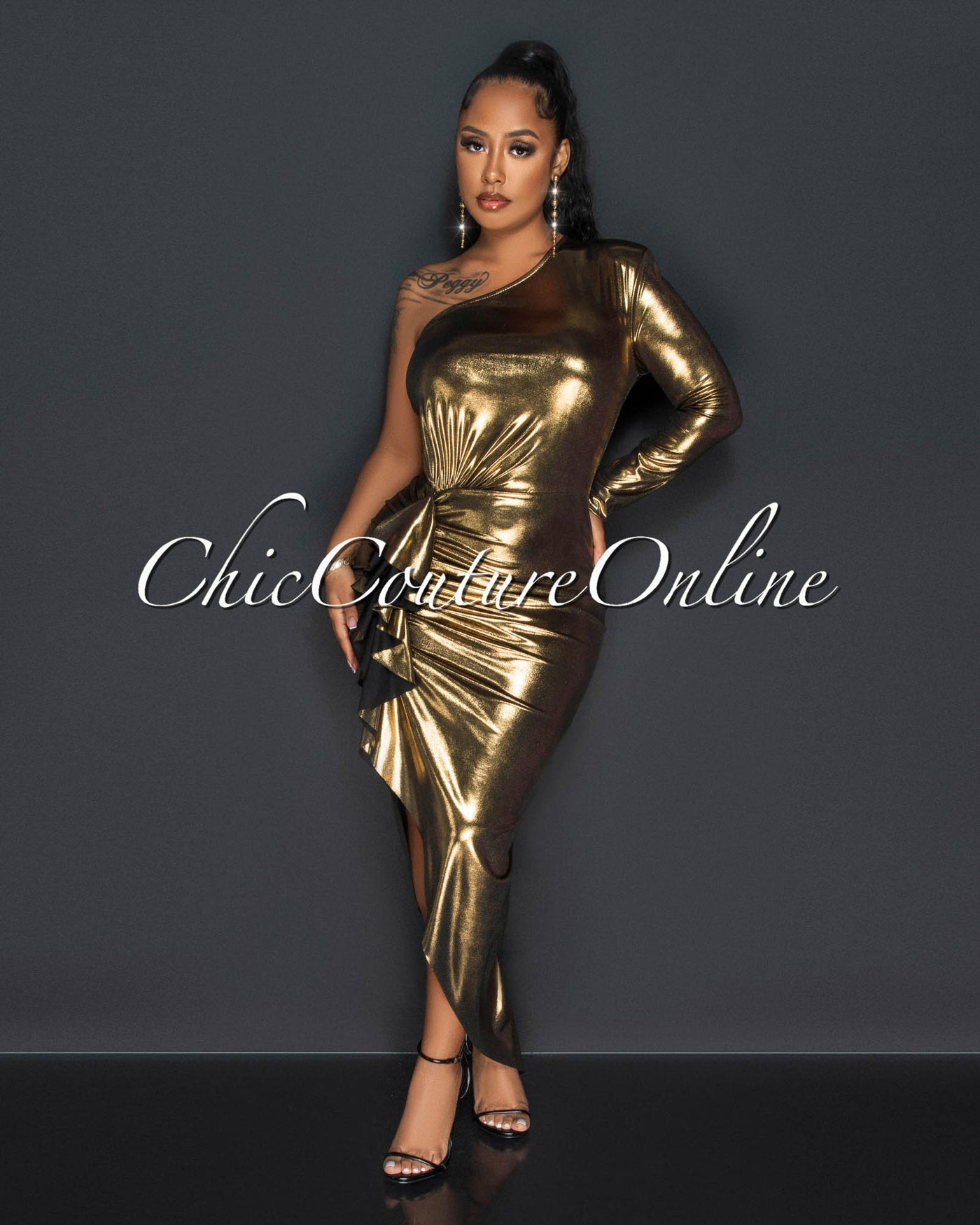 Lacey Black Gold Single Shoulder Draped Midi Dress