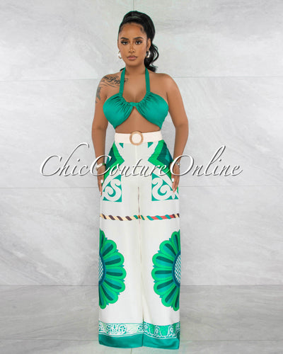 *Vonna Green Crop Top & Boho Buckle Belt Printed Pants Set