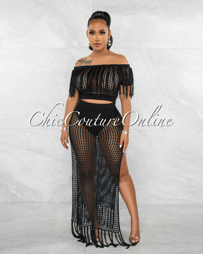 *Jocelin Black Crop Top & Crochet Cover-Up Maxi Skirt Set