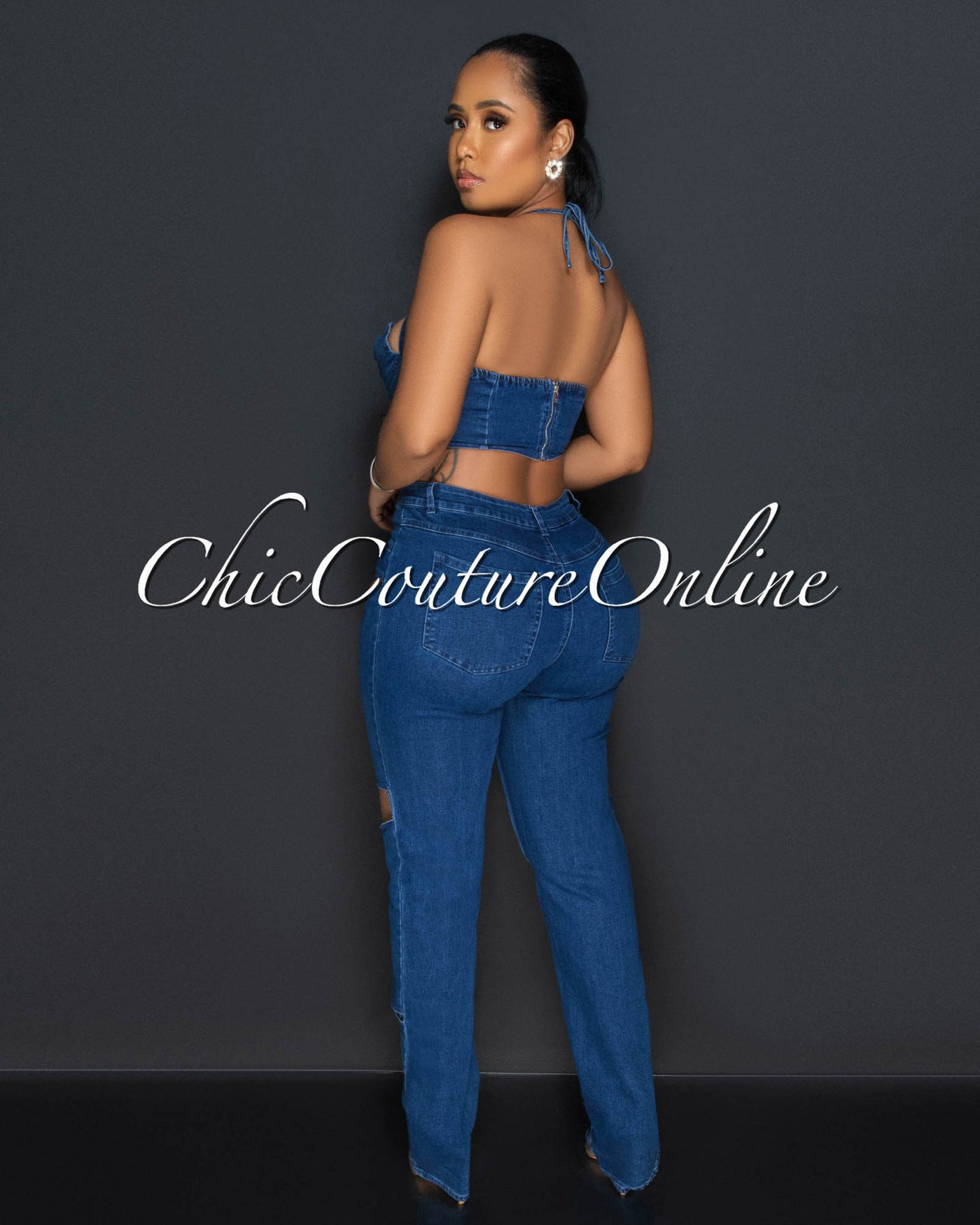 Dixon Dark Denim Crop Top & Cut-Out Jeans Set