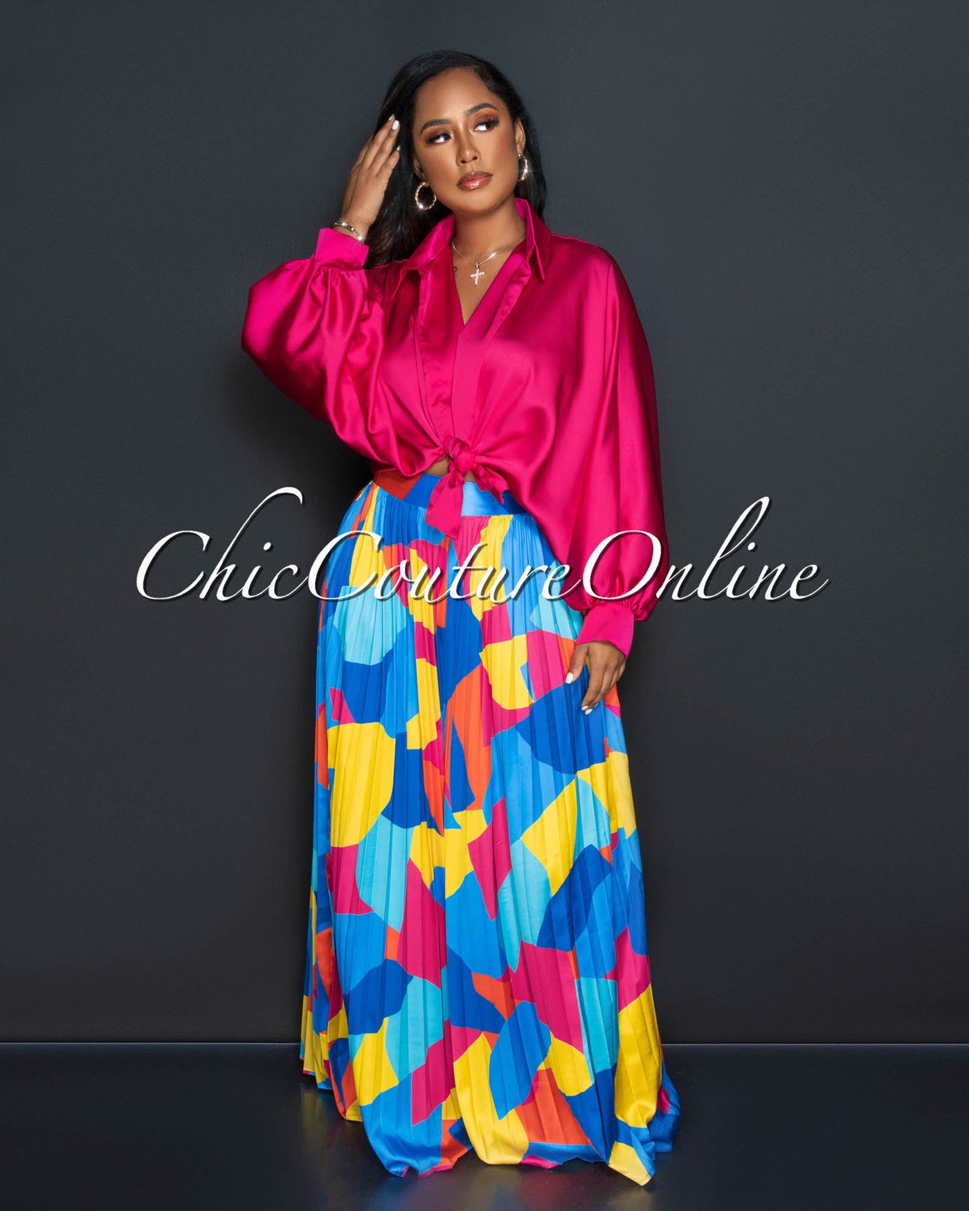 *Lionza Multi-Color Print Pleated Wide Silky Pants