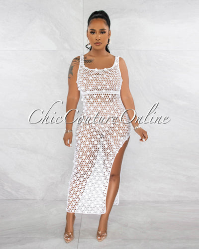 *Shada Off-White Sequins Crochet Cover-Up Maxi Dress