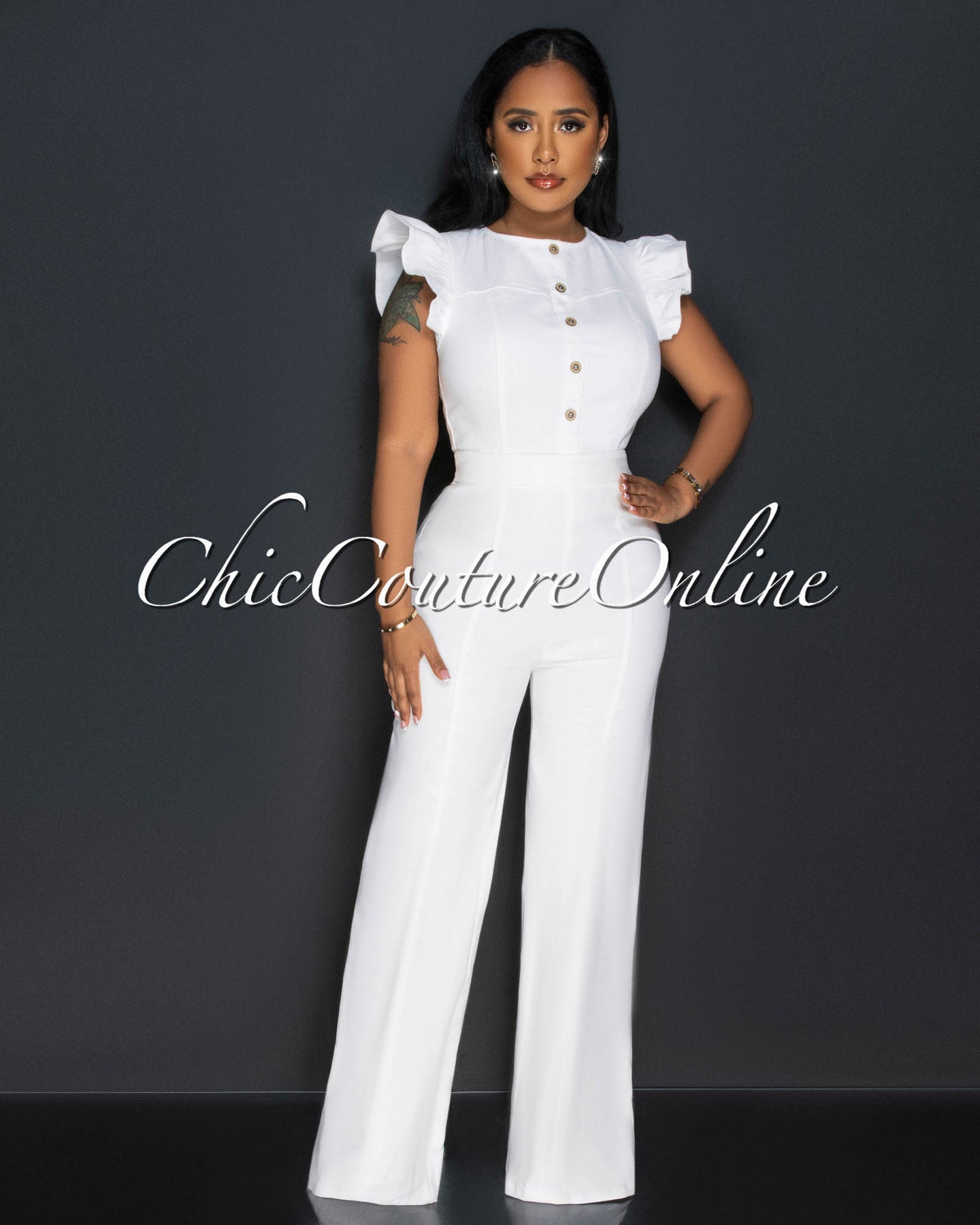 *Ritza Off-White Ruffle Sleeves Denim Jumpsuit