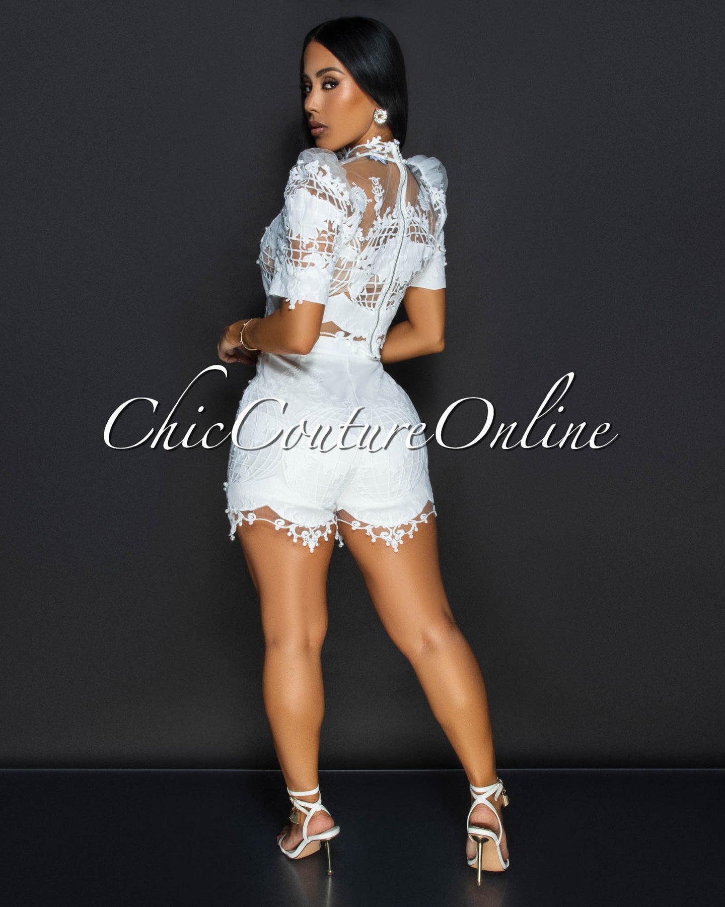 Atlas White Pearl Lace Top & Shorts Set