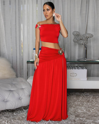 Venezia Red Gold Broach Top & Maxi Skirt Set