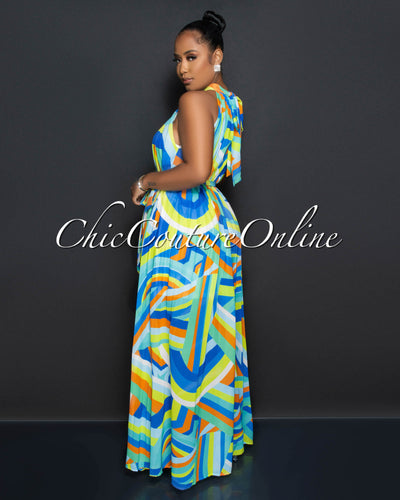 Karen Green Blue Print Halter Pleated Maxi Dress