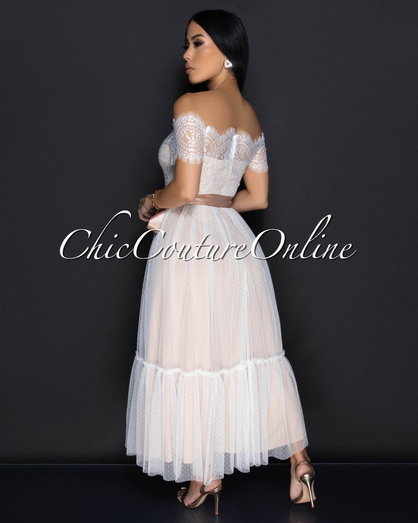 Cosetta White Lace Nude Illusion Ribbon Midi Dress