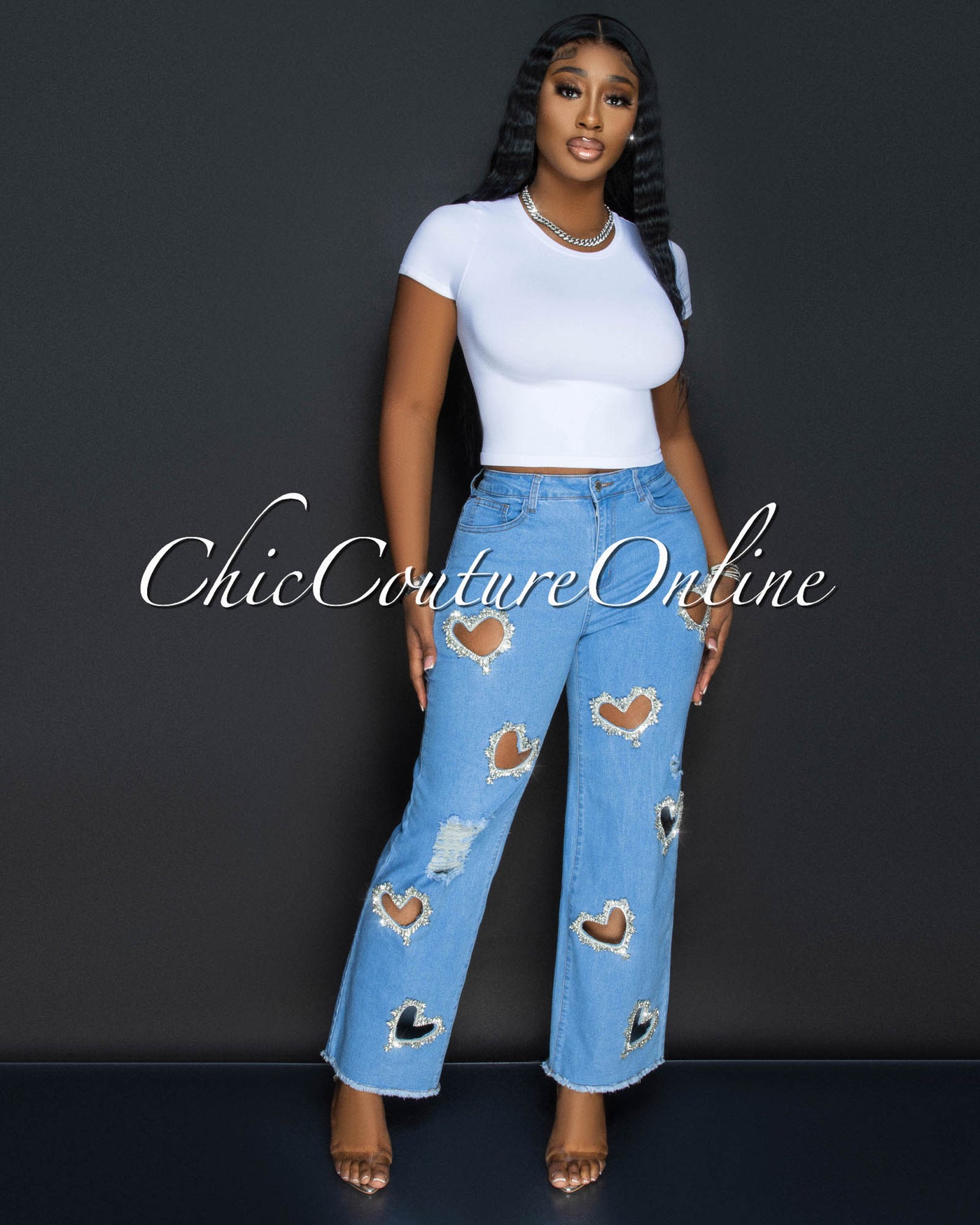 Orline Light Denim Rhinestones Hearts Jeans